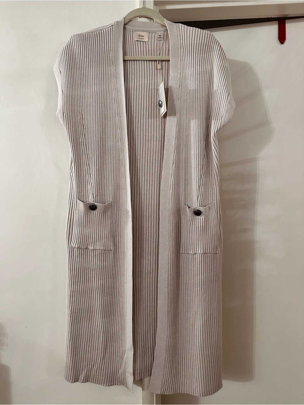 Elie Tahari Light Beige Ribbed Open Front Knit Vest